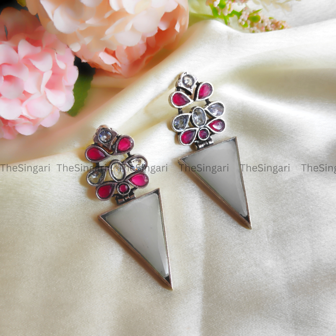 Designer Monalisa Silver Replica Dangler Earrings in Maroon & White