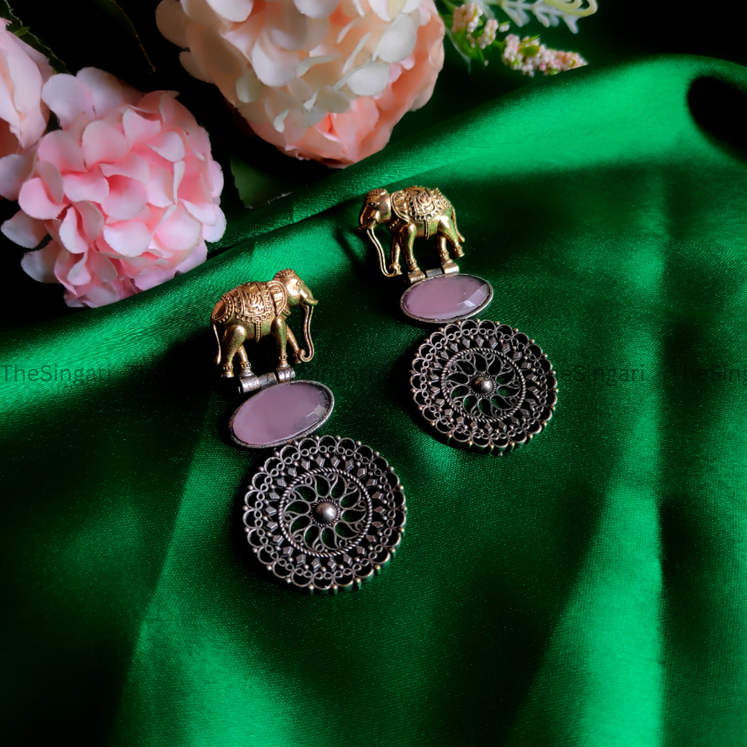 Silver-Plated elephant motif Drop Earrings in Pink