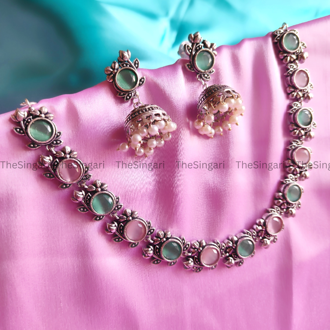 Ethnic Silver Plated Designer Necklace Set in Mint green & Pink