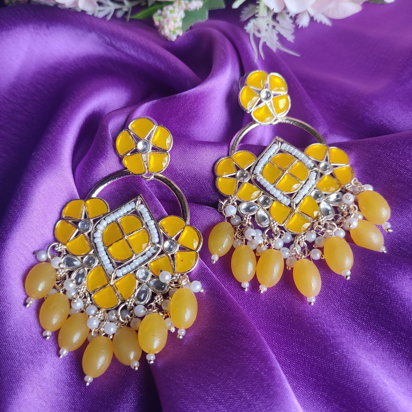 Yellow Adrika kundan earrings