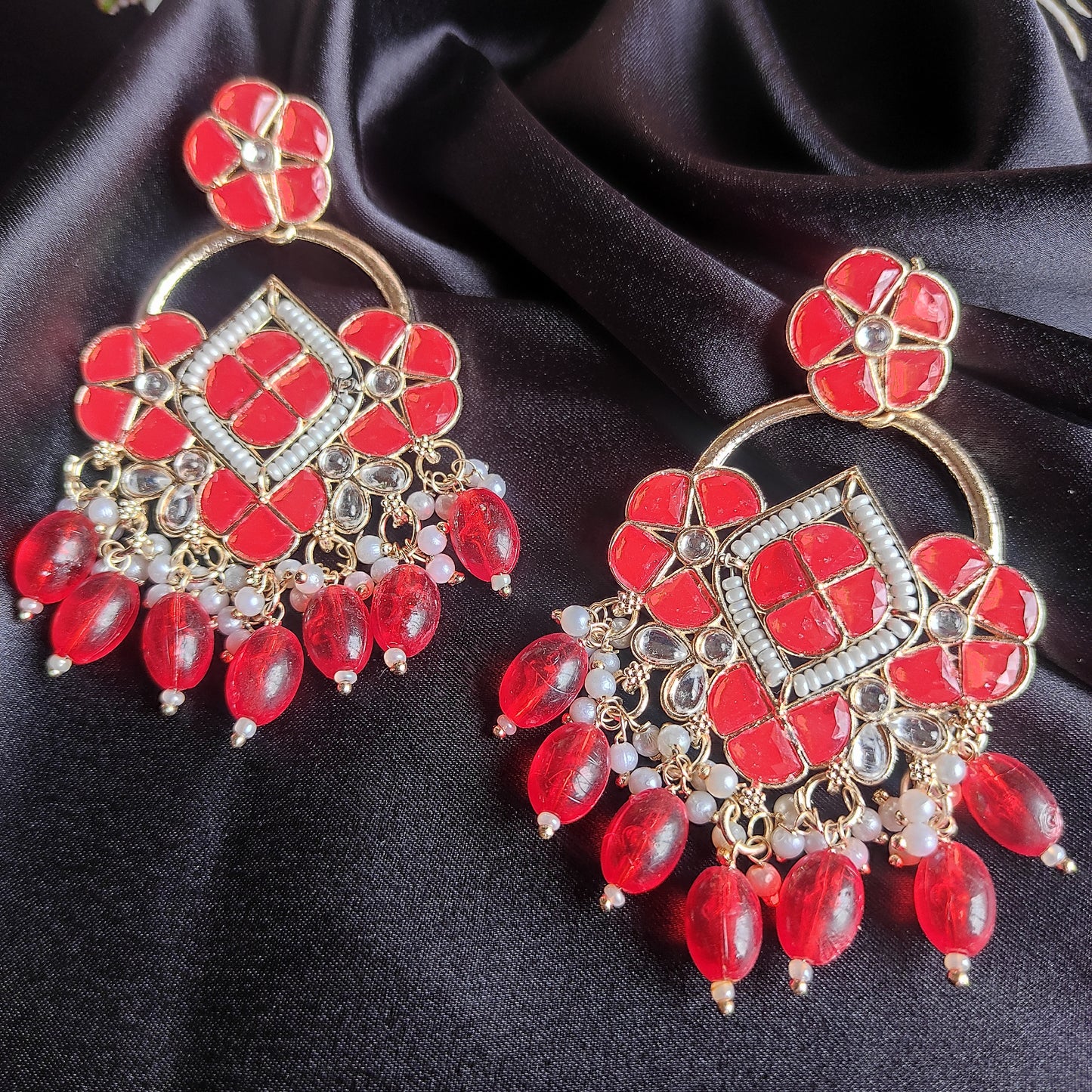 Red Adrika kundan earrings