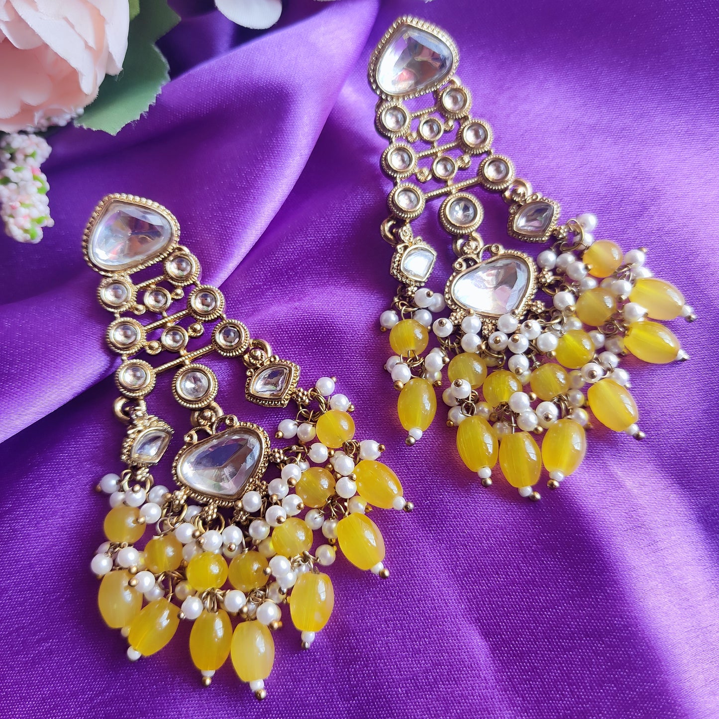 Yellow Radhika premium kundan earrings