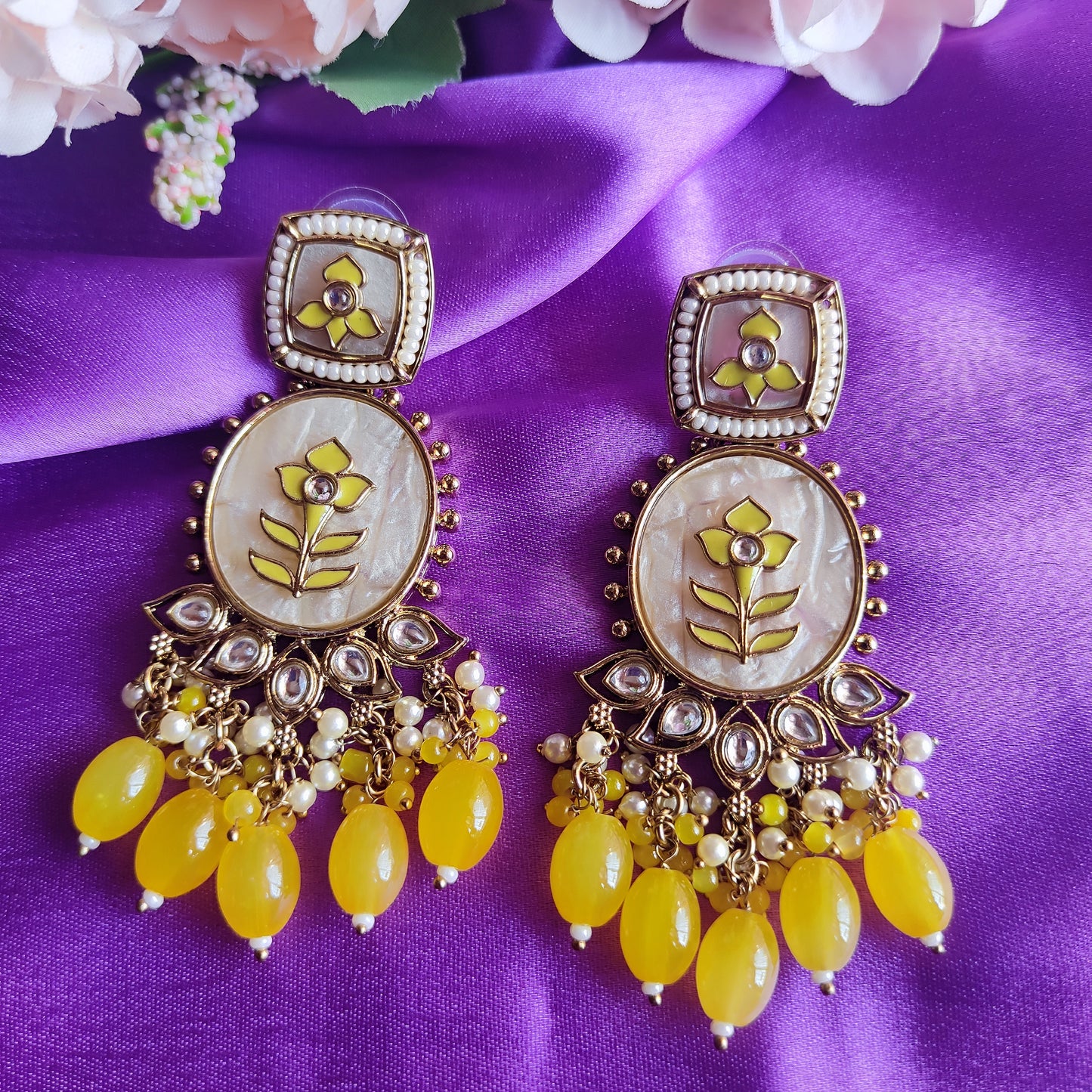 Yellow Luna premium kundan earring