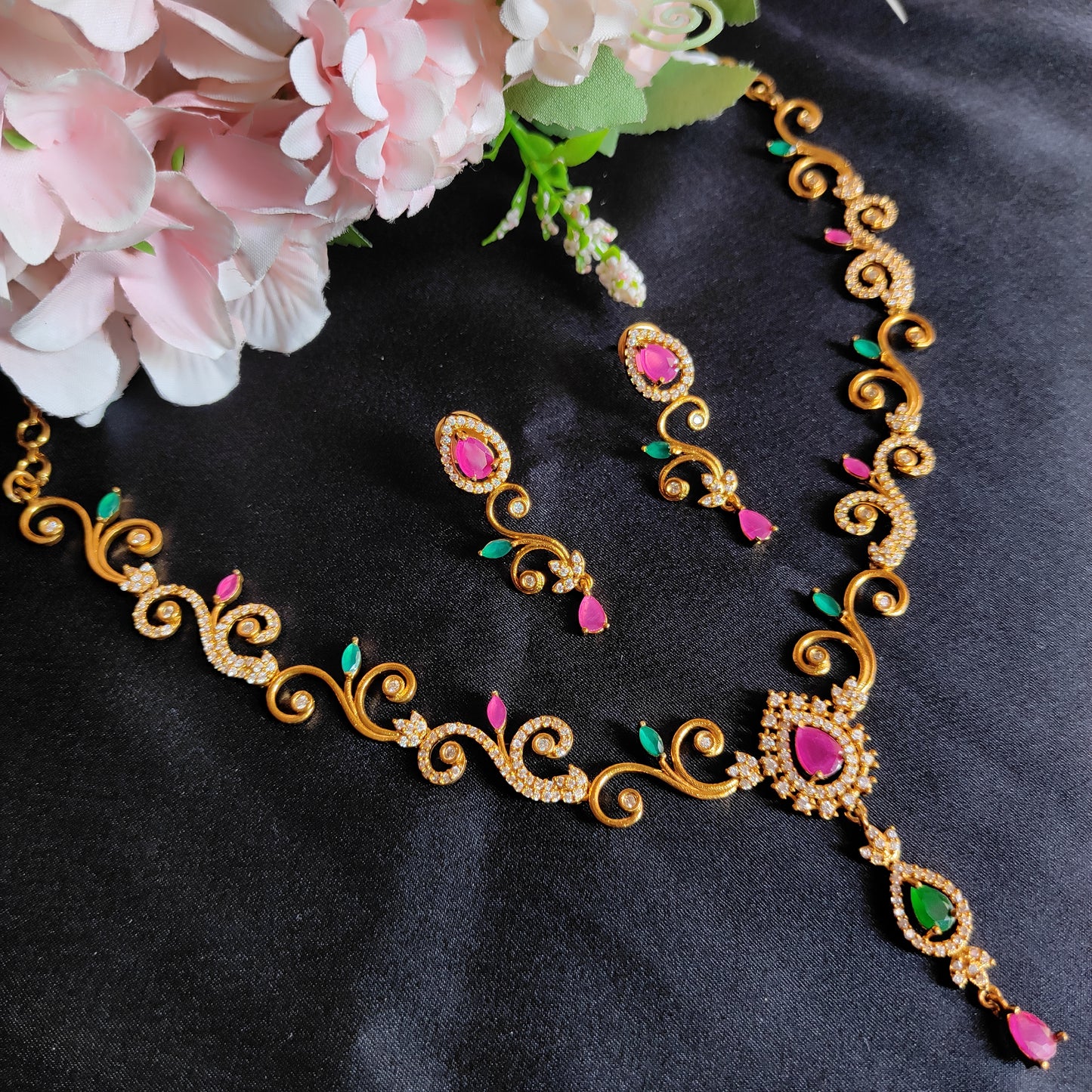 Green Pink gold plated Necklace set long locket