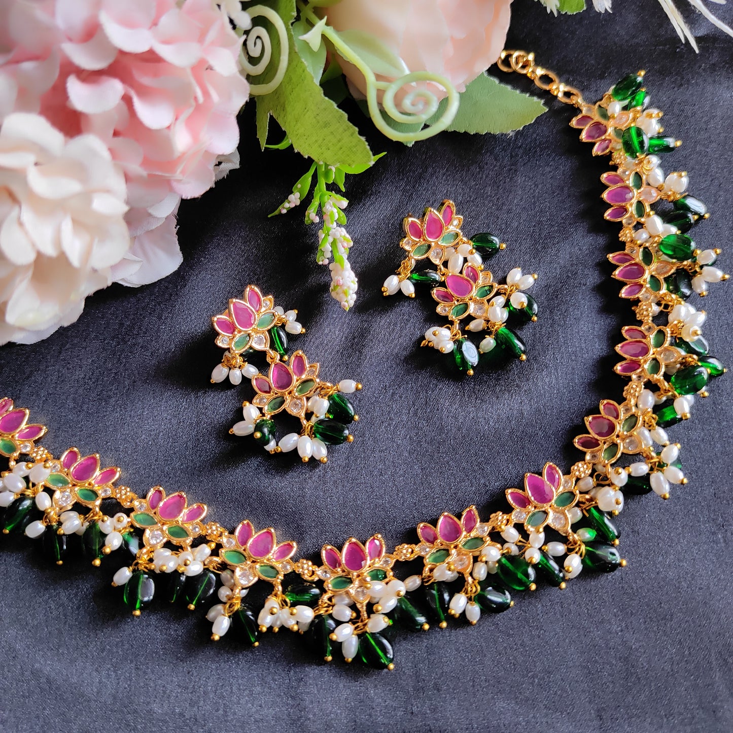 Gold Plated lotus flowers Choker Necklace & Dangle Earrings Set Ethnic Traditional Jewellery for Women & Girls