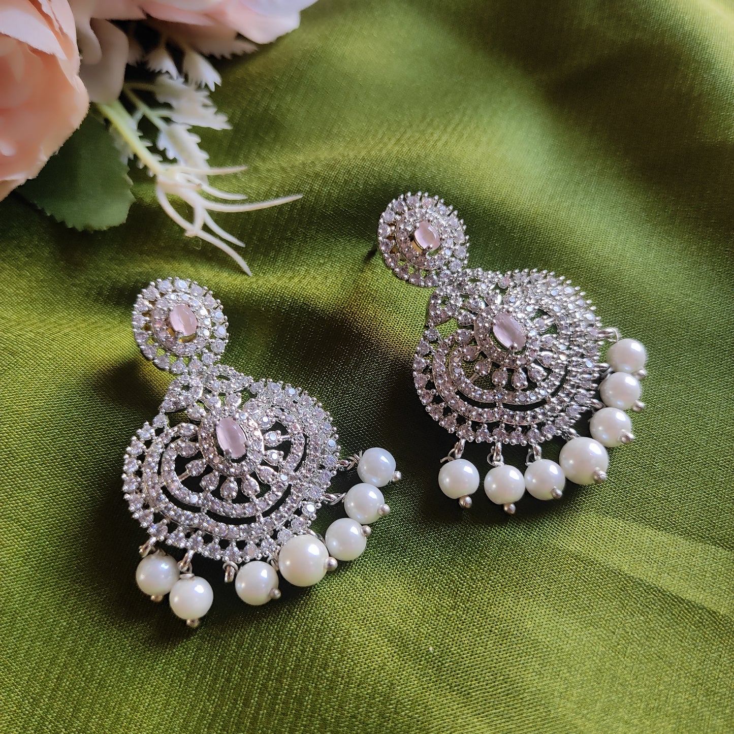 AD stone blush pink earrings in silver