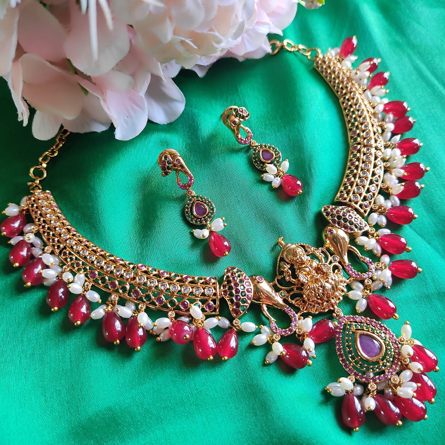 Red stones & Gold Plated Traditional Necklace Set