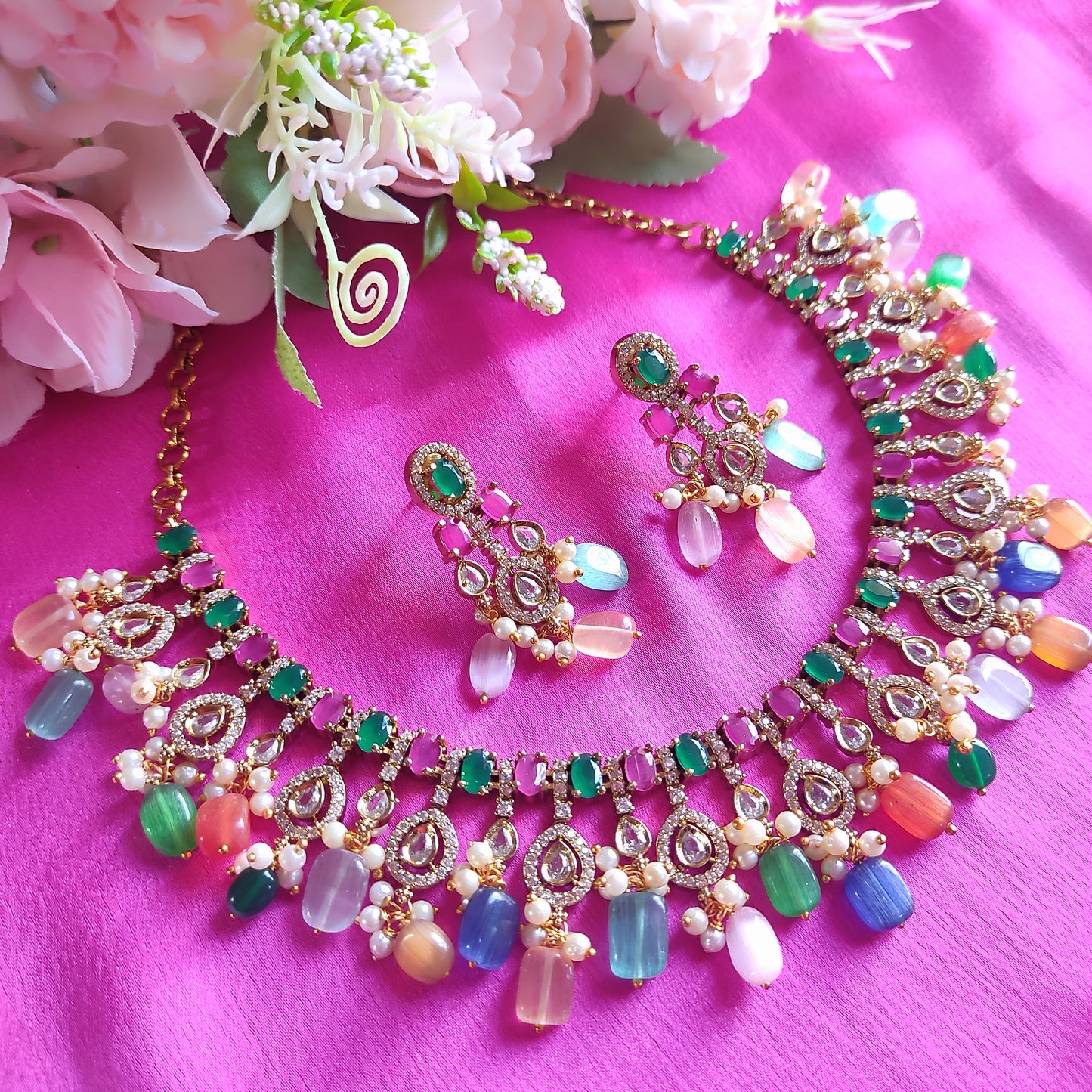 Multi-Color Gold Plated Traditional Kundan Necklace Jewellery Set
