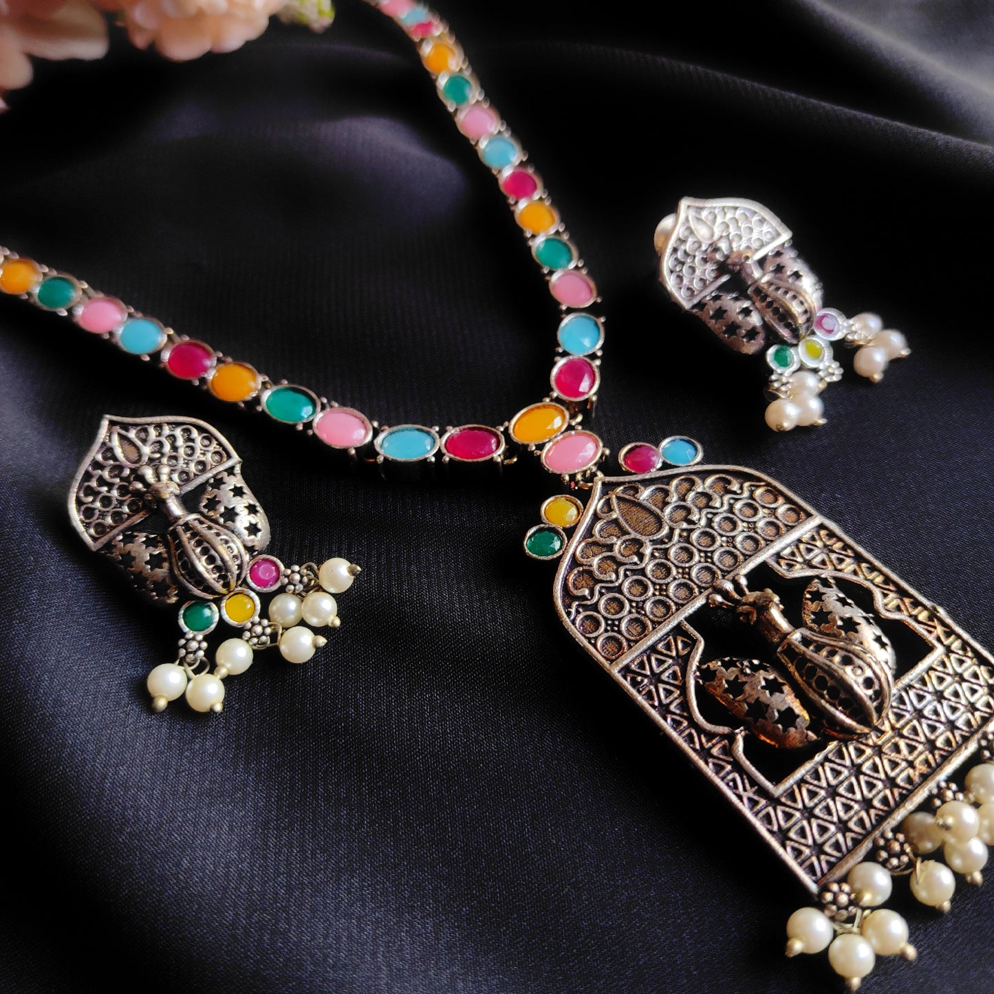 Silver Oxidised Multicolour Necklace Set