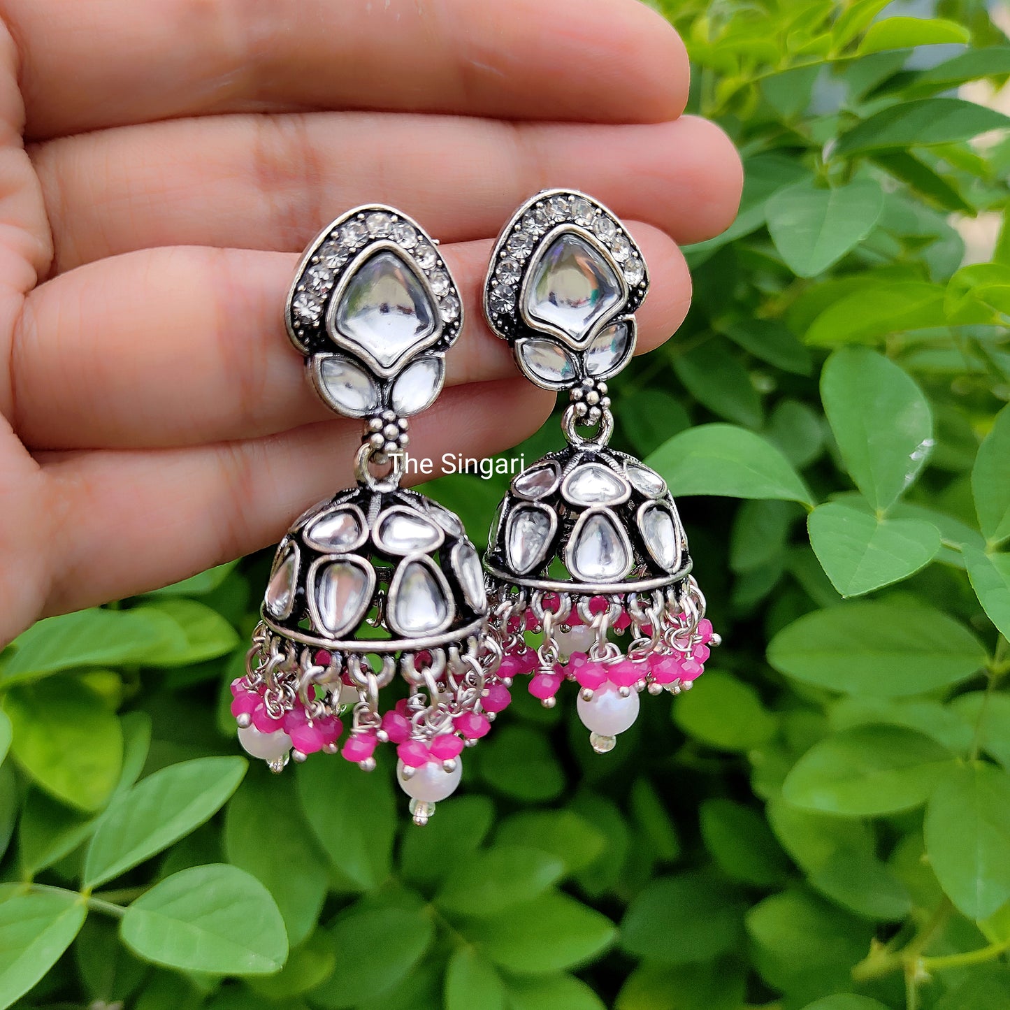 Silver kundan jhumki earrings in pink