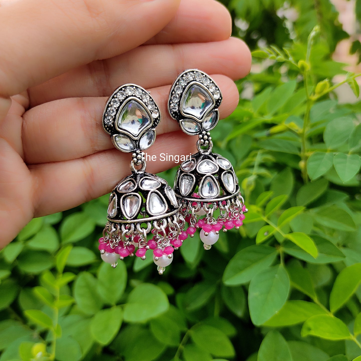 Silver kundan jhumki earrings in pink