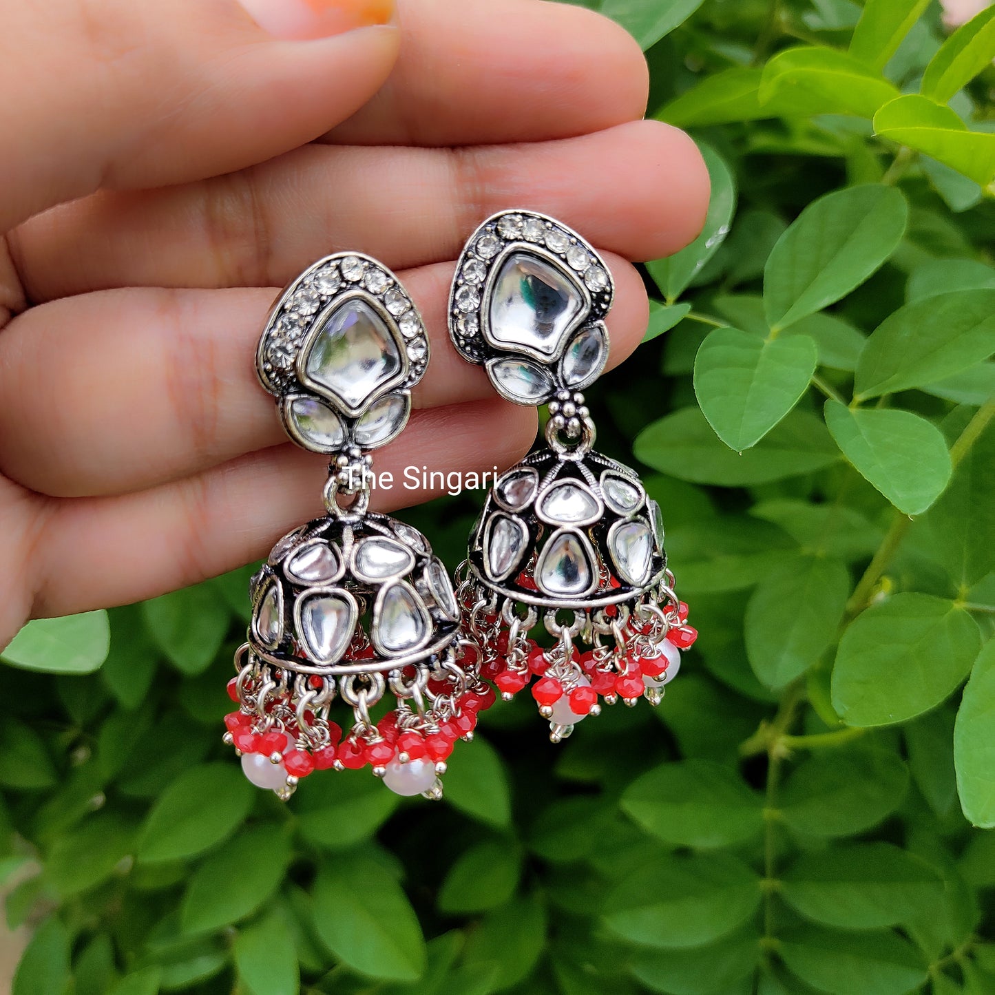 Silver kundan jhumki earrings in red
