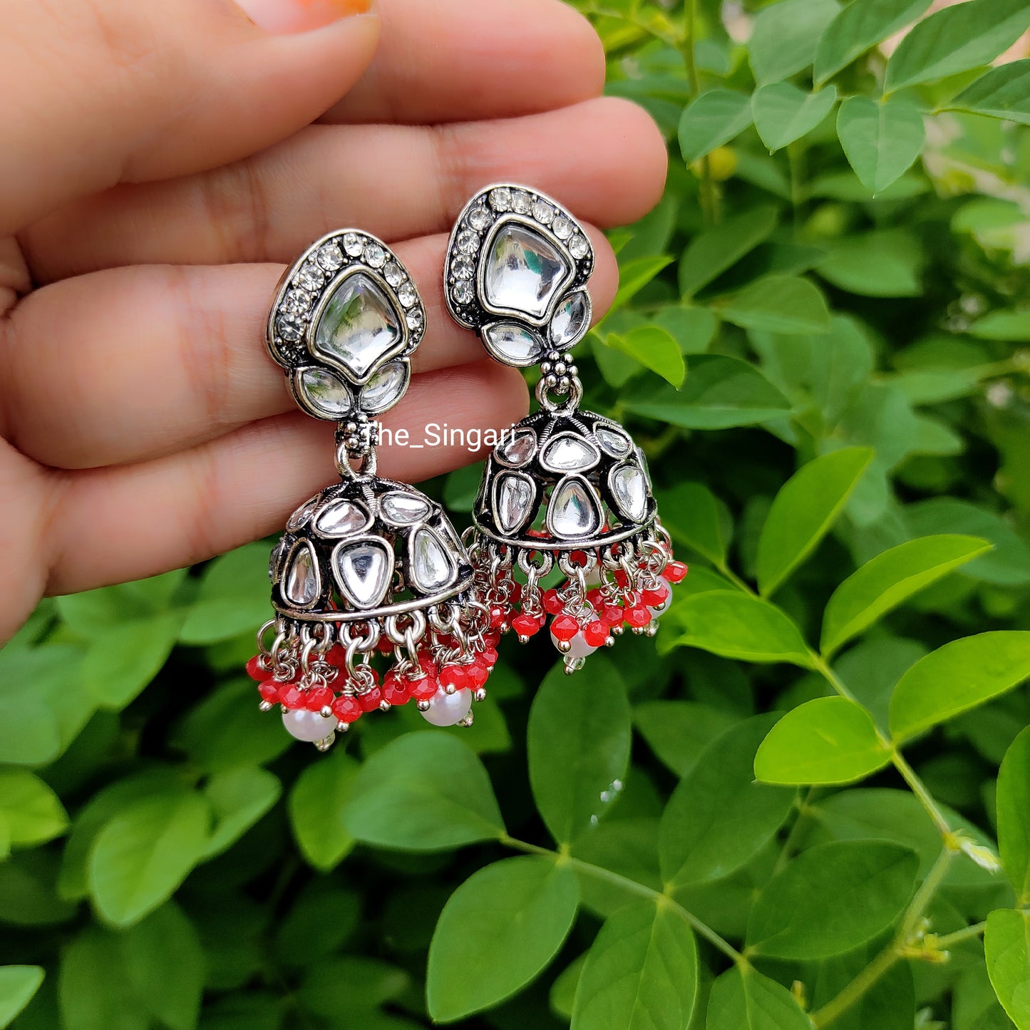 Silver kundan jhumki earrings in red