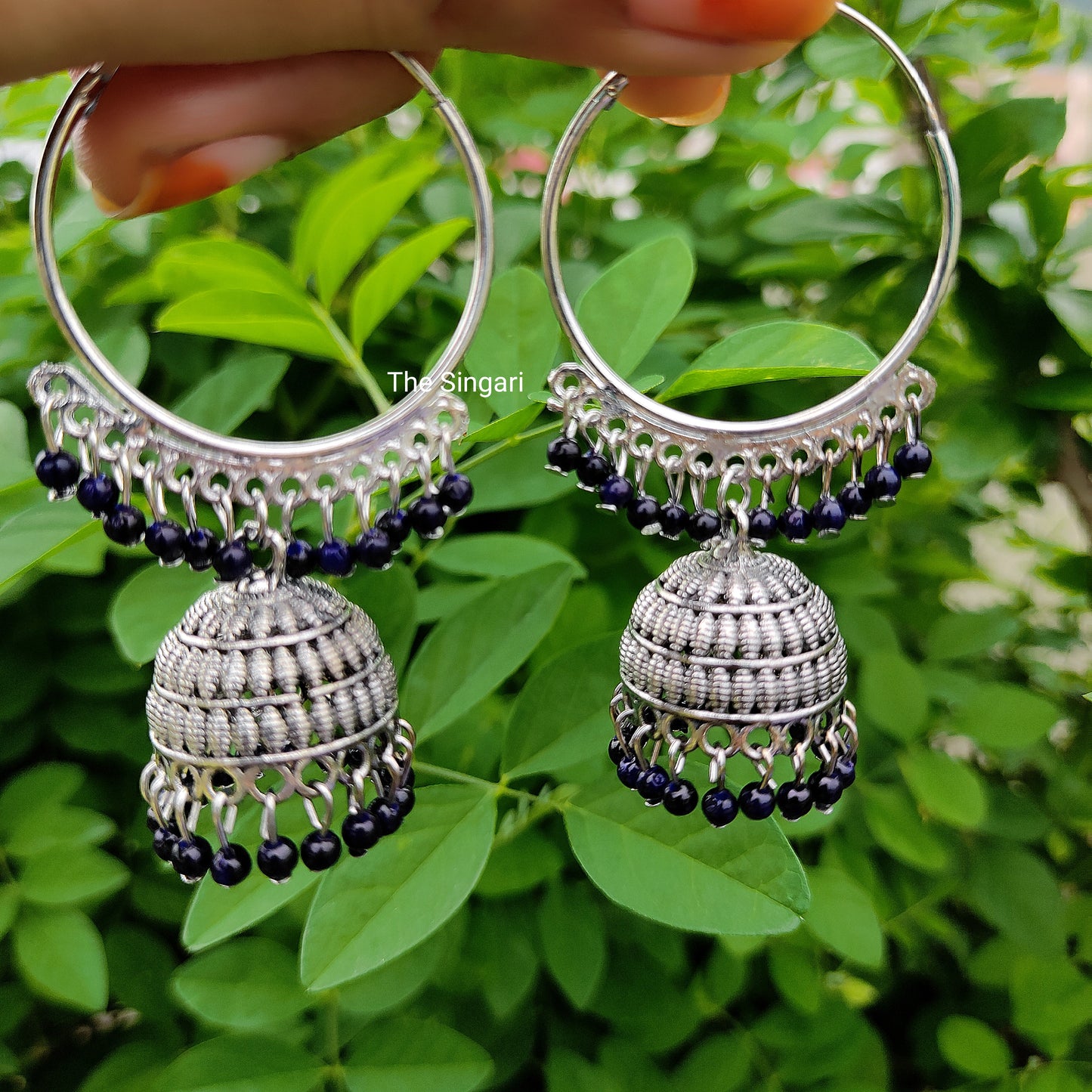 Silver oxidised hoops jhumki earrings in Navy blue