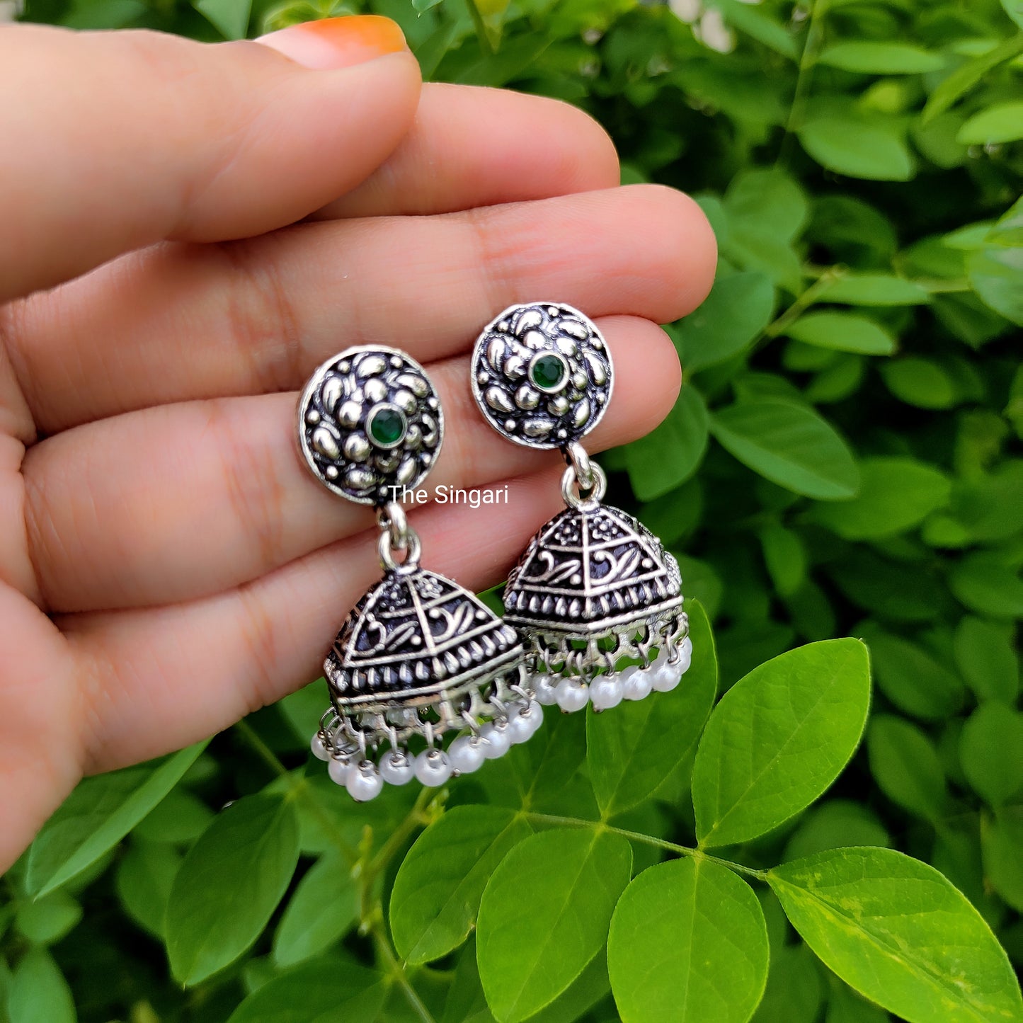 Green stone oxidised jhumki earrings