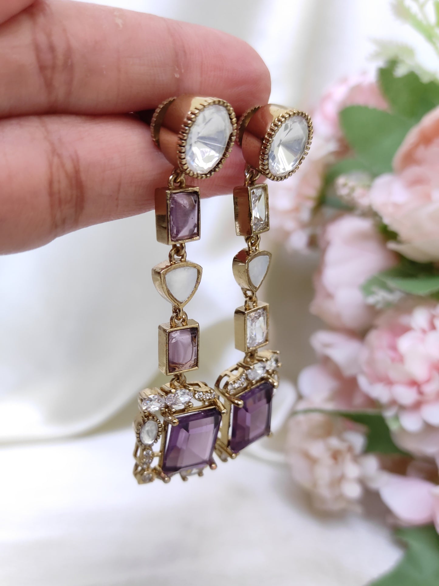 Lavender Stone Long Earrings with White CZ – Designer Festive & Party Wear Earrings