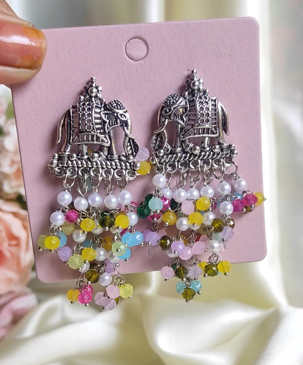 Multicolour Silver elephant earrings
