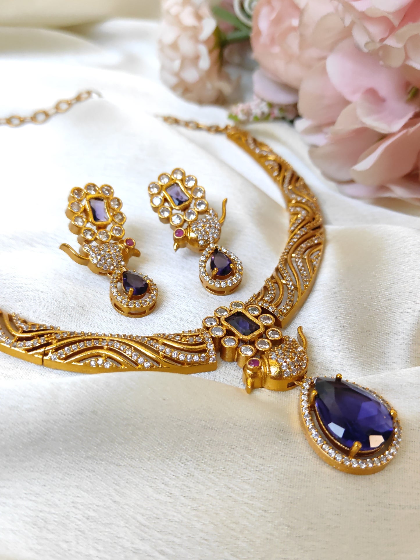Premium Gold Plated Peacock Motif Necklace Set – Violet Stone