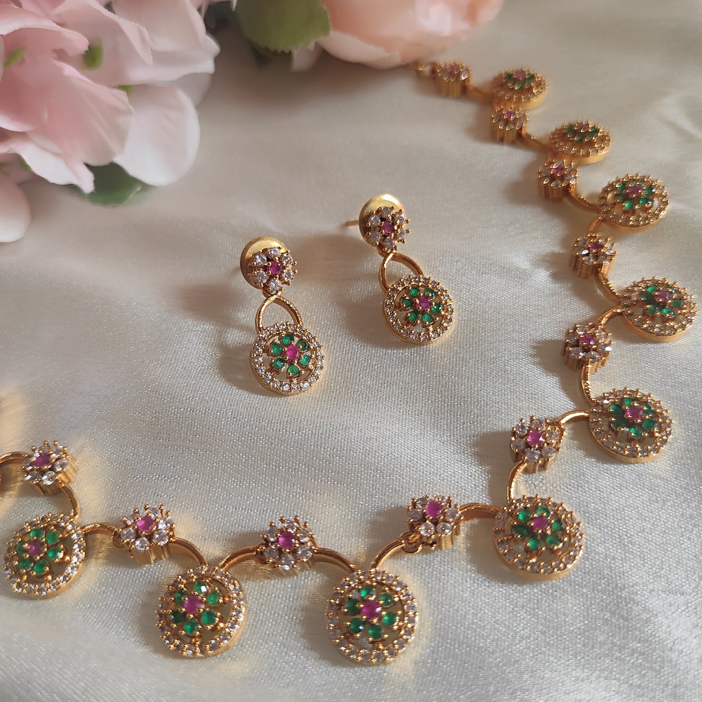 Pink and green fine necklace set