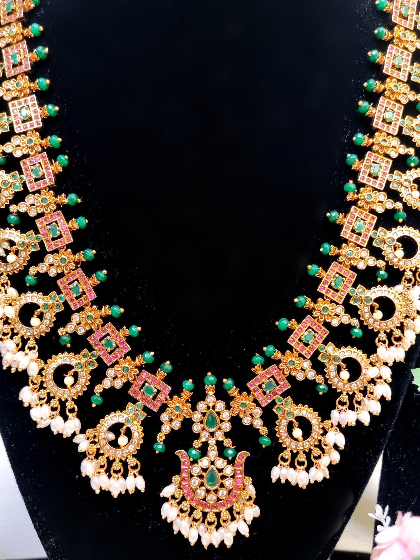 Long Premium Green Kemp Stone Temple Necklace Set with Pearls | South Indian Bridal Jewellery