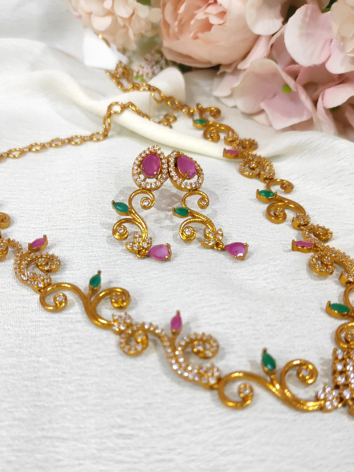 Green Pink gold plated Necklace set long locket
