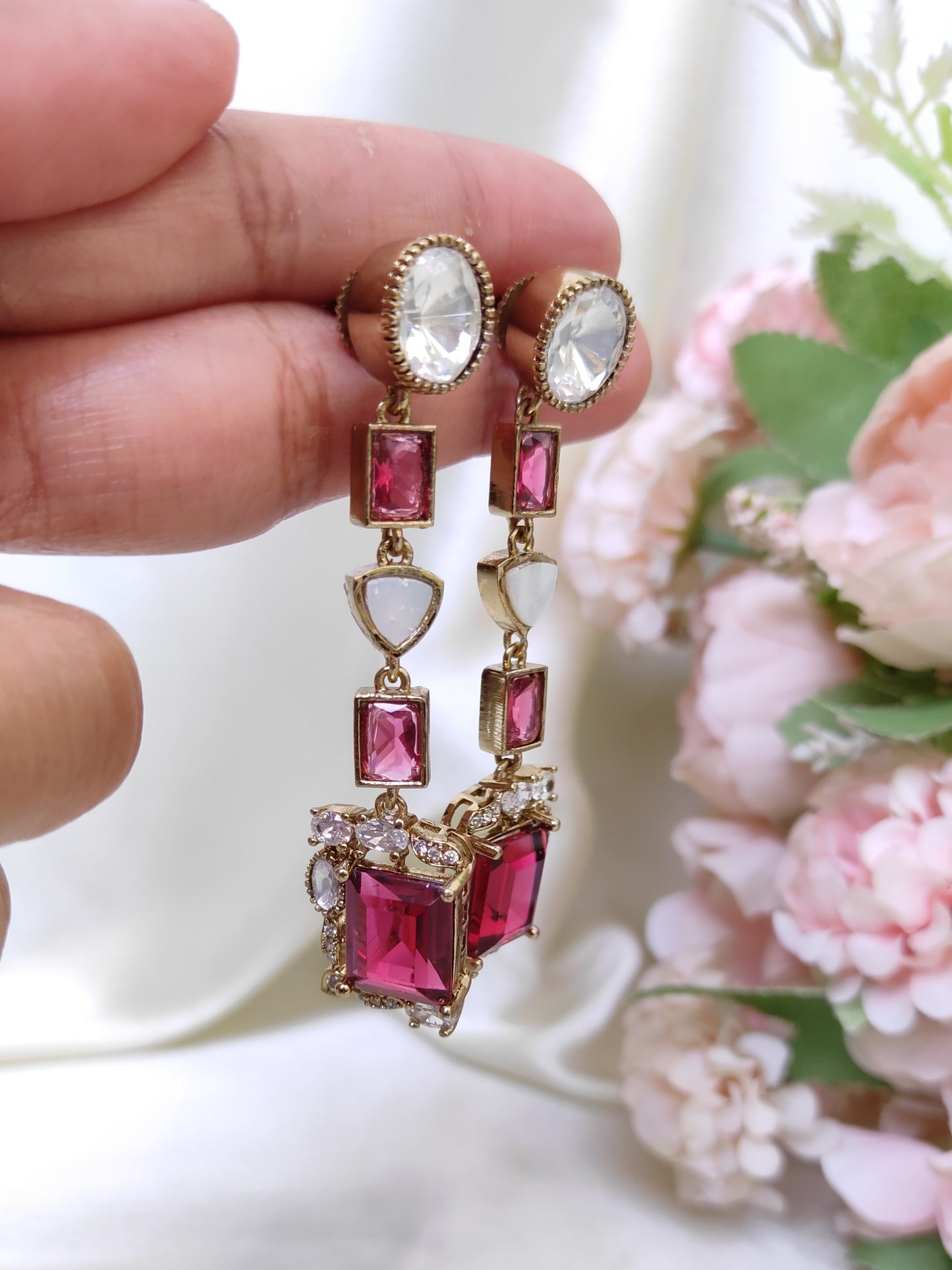 Ruby Pink Stone Long Earrings with White CZ – Designer Festive & Party Wear Earrings
