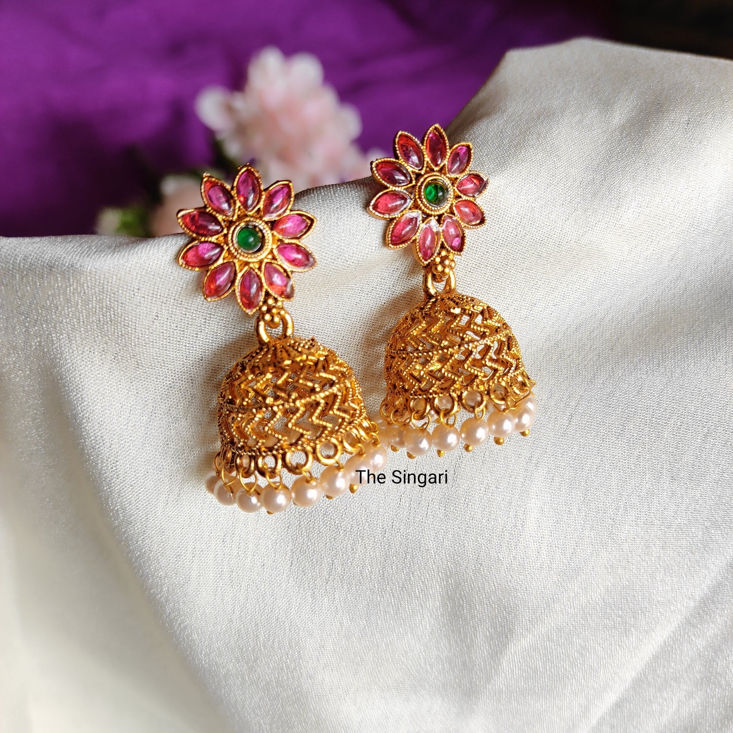 Temple wear jhumki earrings in Pink