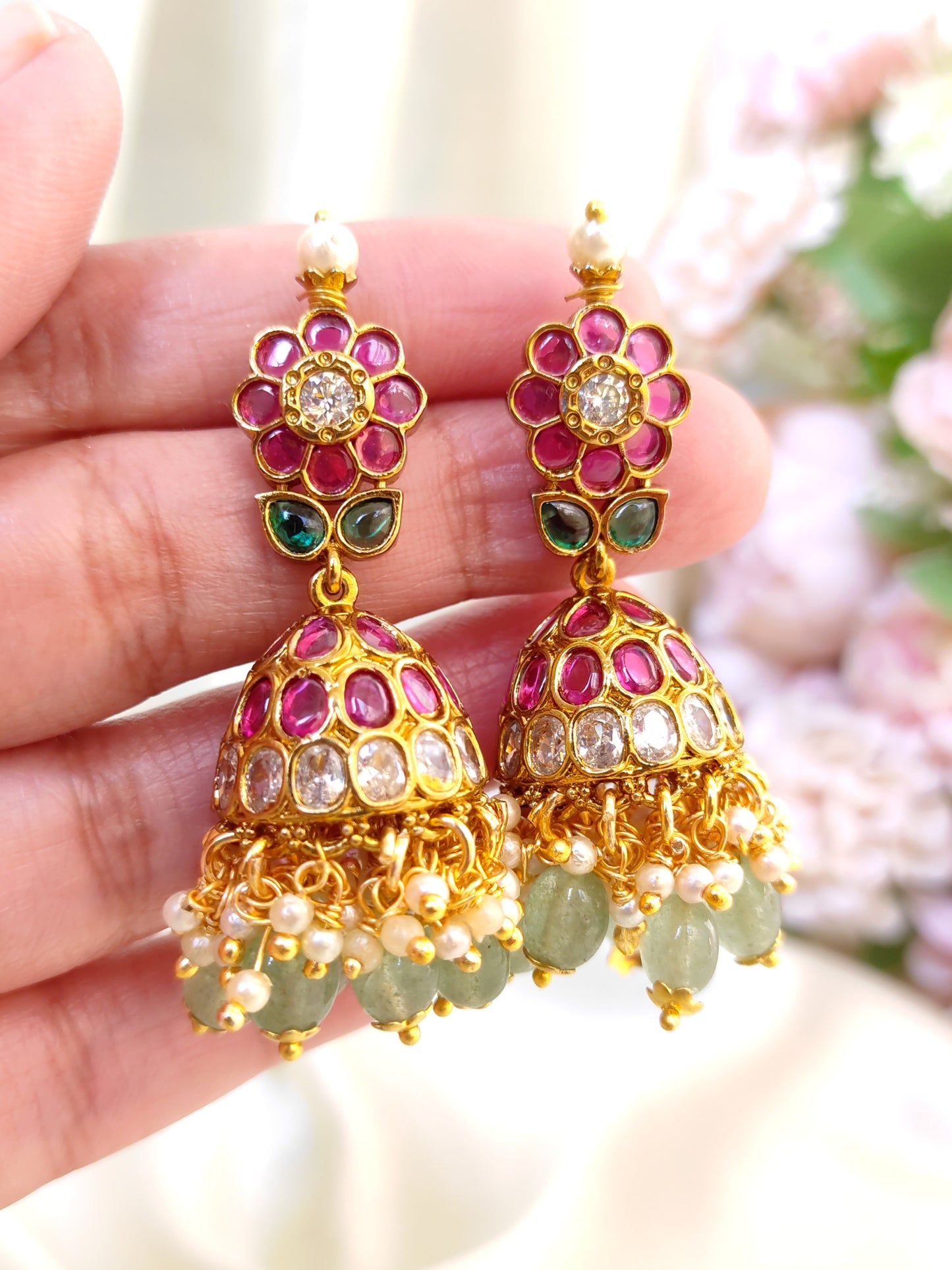 Ruby Green Kemp Jhumka Earrings with Pearls | Traditional Gold-Plated Jhumkis by THE SINGARI