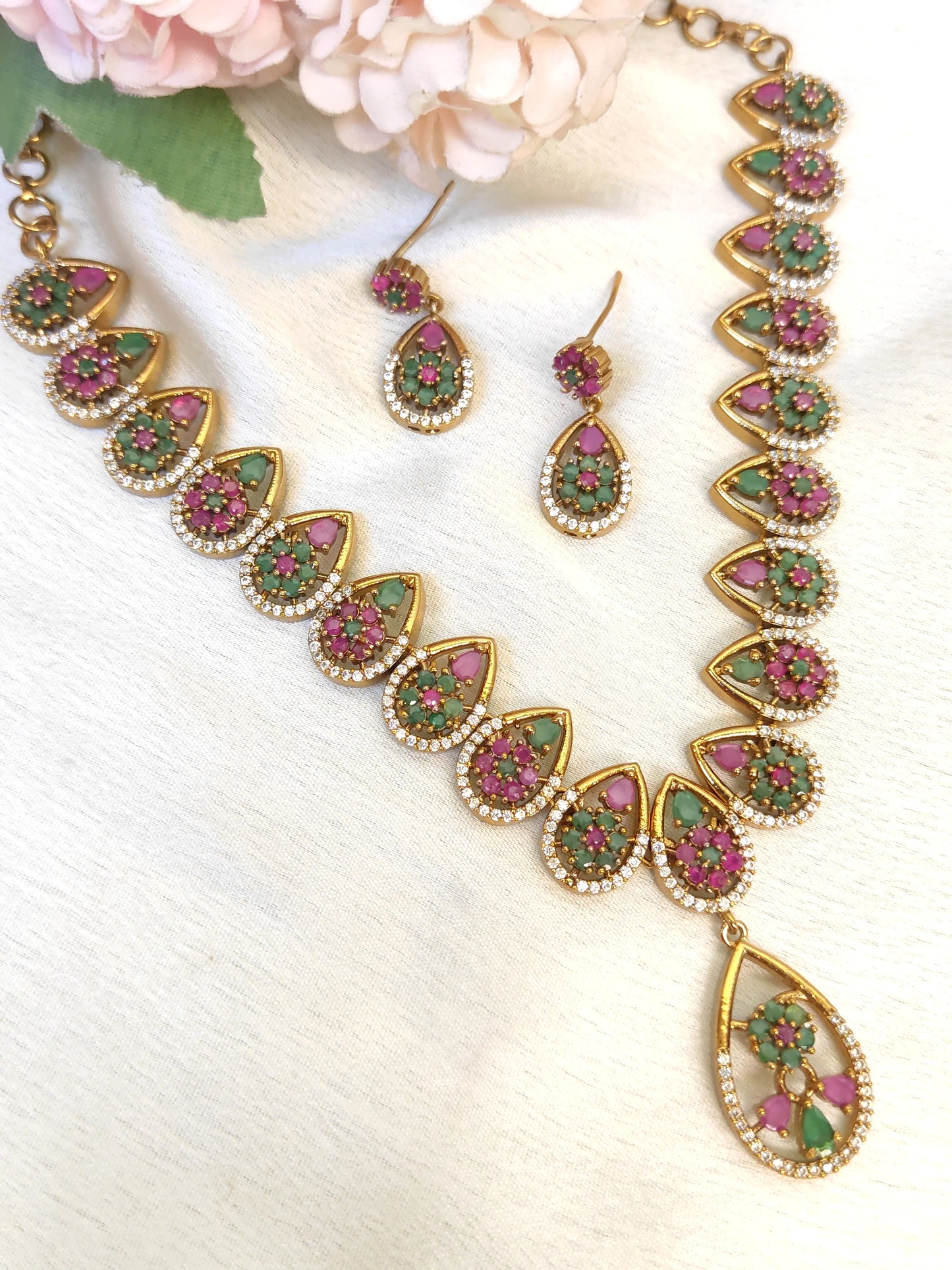 Traditional Tear-Drop Necklace Set in Green & Pink Stones | Temple Style Jewellery