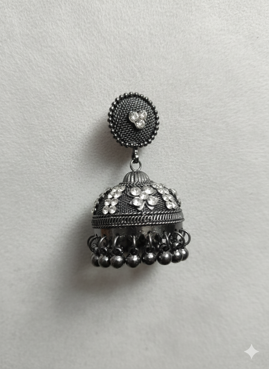 Black polish Silver oxidised jhumki earrings