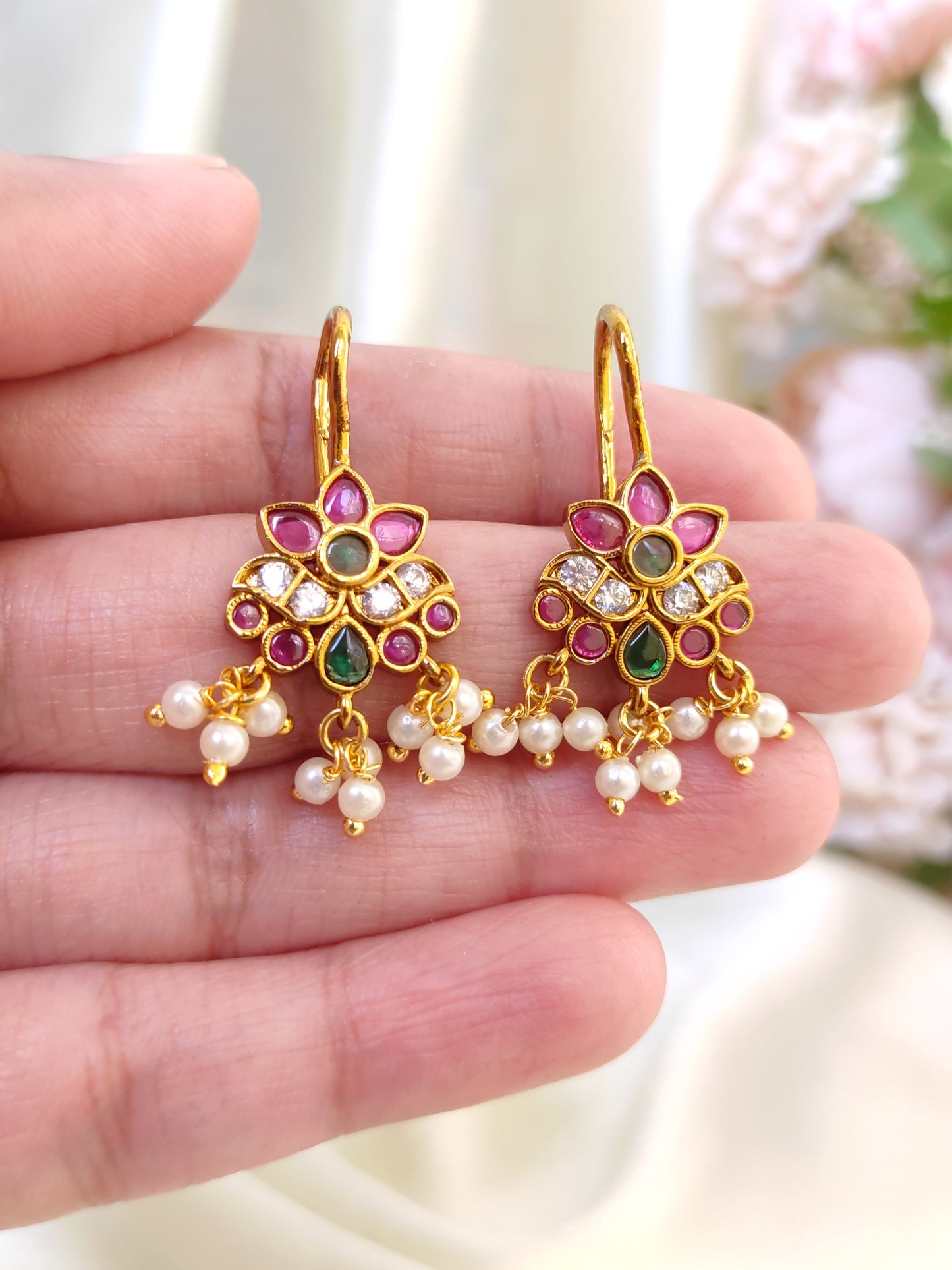 Traditional Kemp stone Bugadi Earrings with Pearl Drops | Gold Finish South Indian Ear Cuff