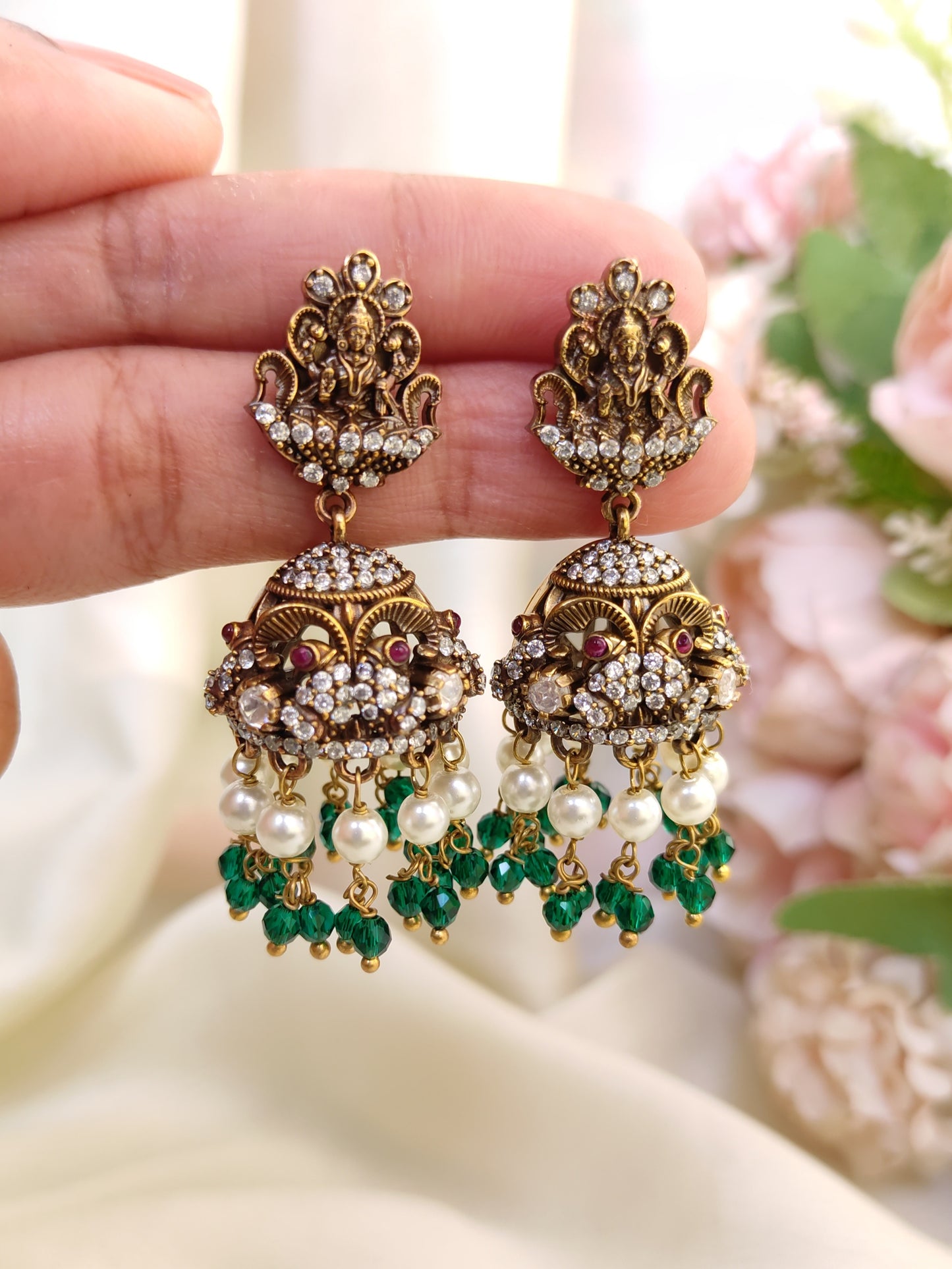 Victorian Lakshmi Temple Jhumka Earrings with Green Beads & Pearls