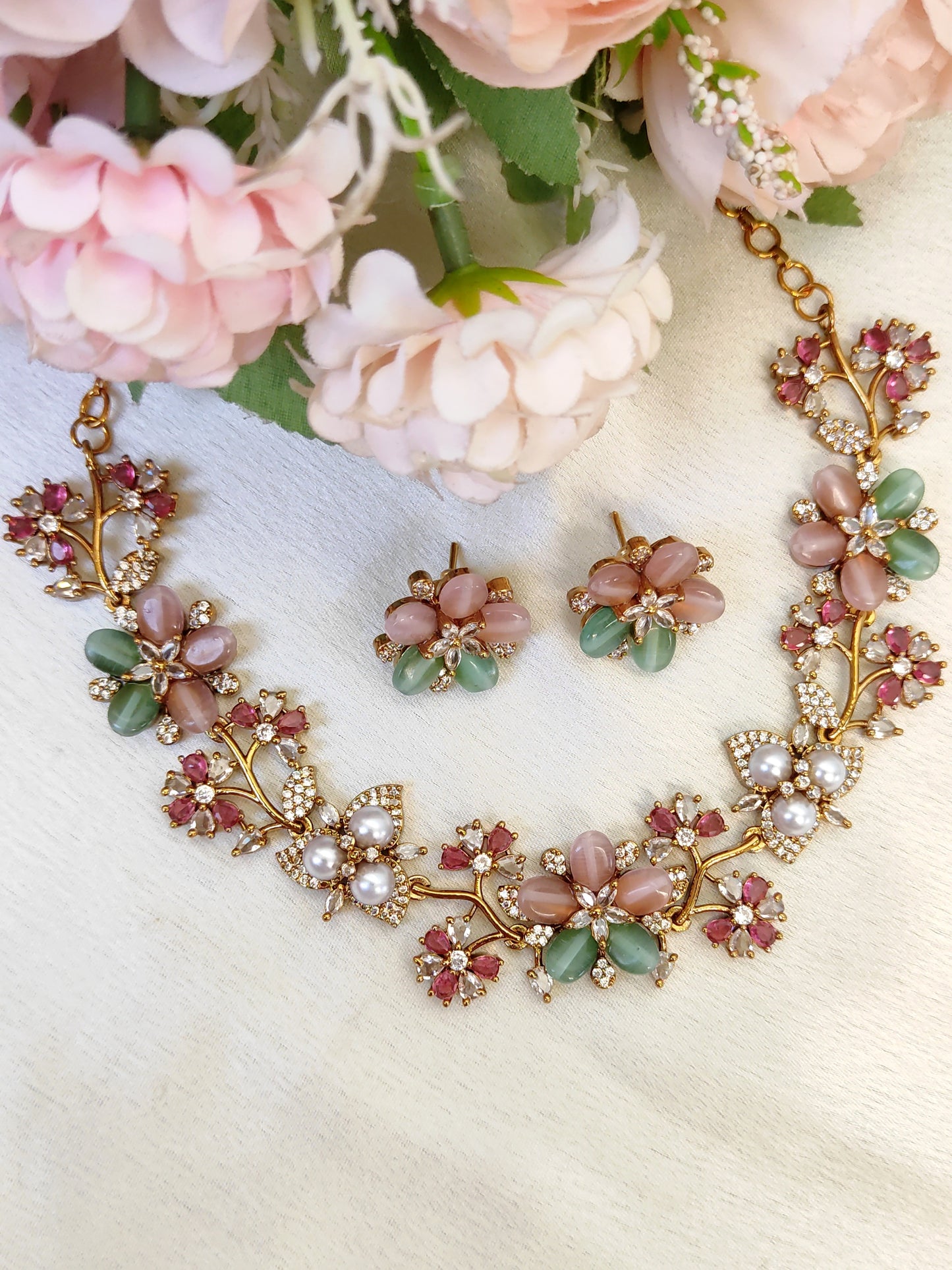 Designer Pastel Pink & Green Floral Necklace with Earrings | Gold Plated Jewellery