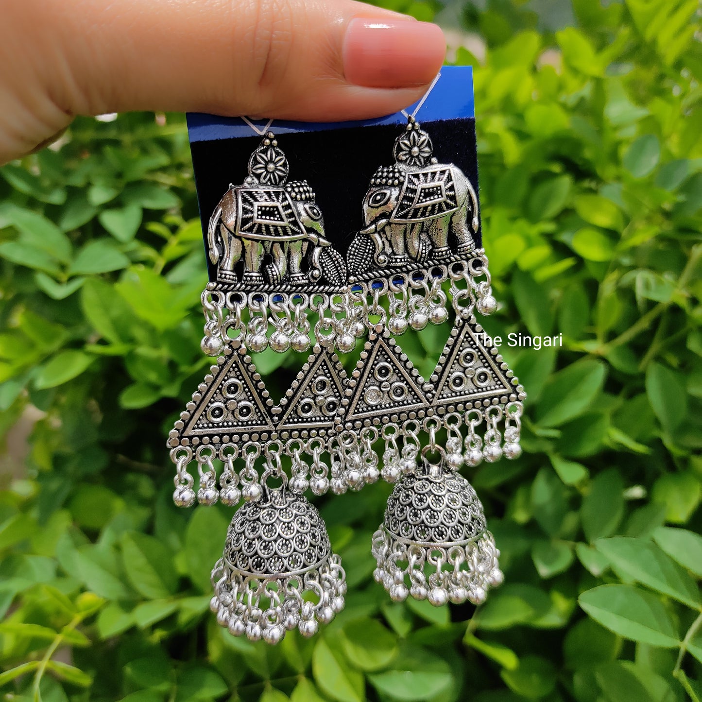 Large size silver oxidised elephant motif jhumki