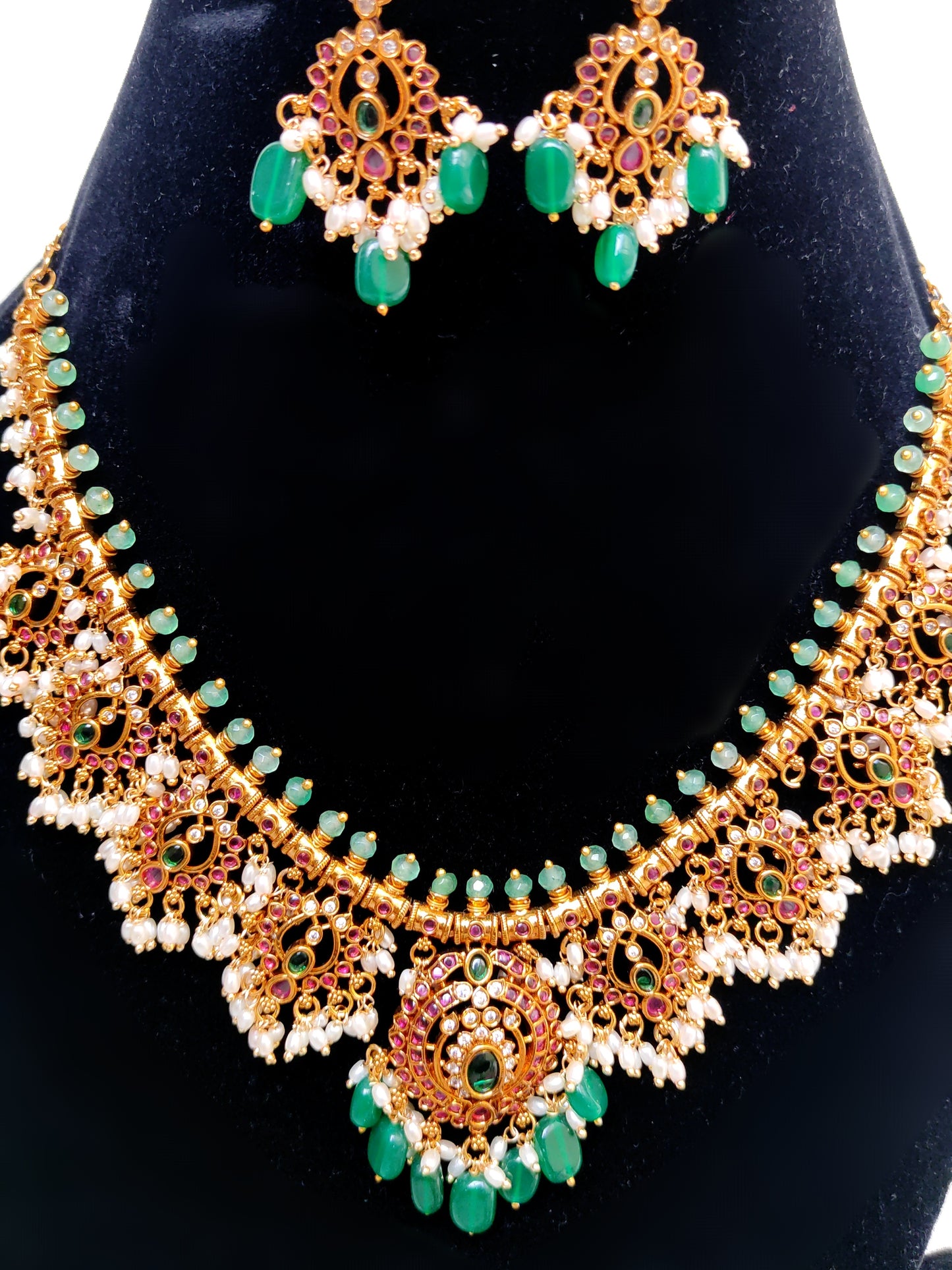Green Kemp Stone Temple Necklace Set with Pearls | Bridal South Indian Jewellery