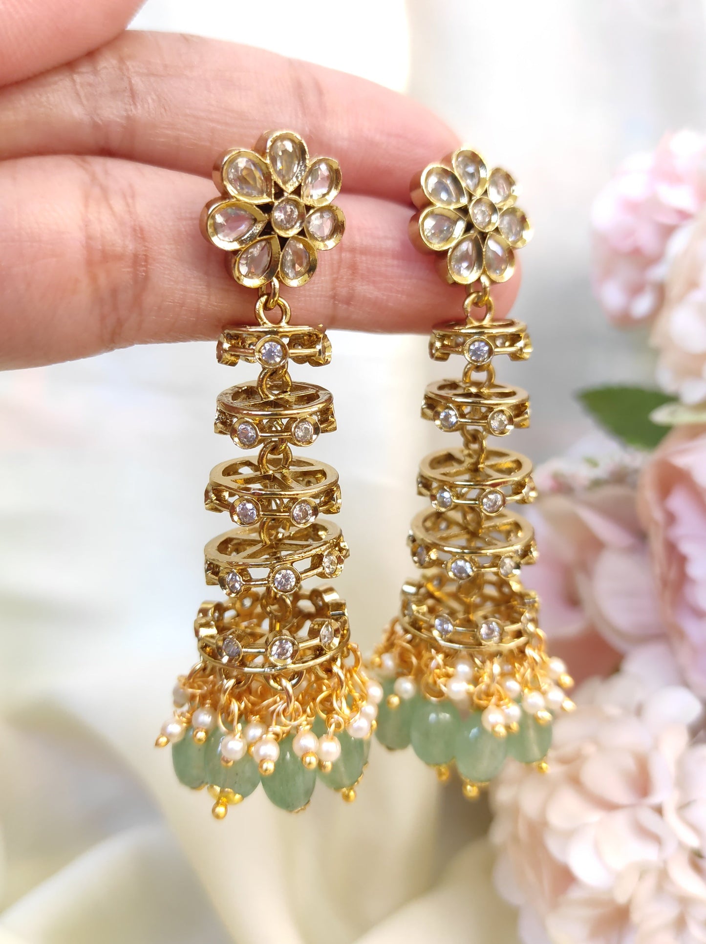 Elegant Spiral Drop Jhumkas with Kundan Work & Pearl Detailing