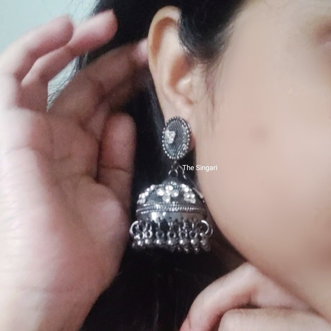 Black polish Silver oxidised jhumki earrings