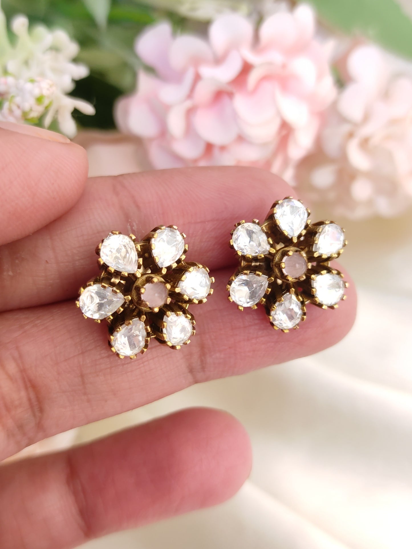 Classic White Stone Floral Stud Earrings