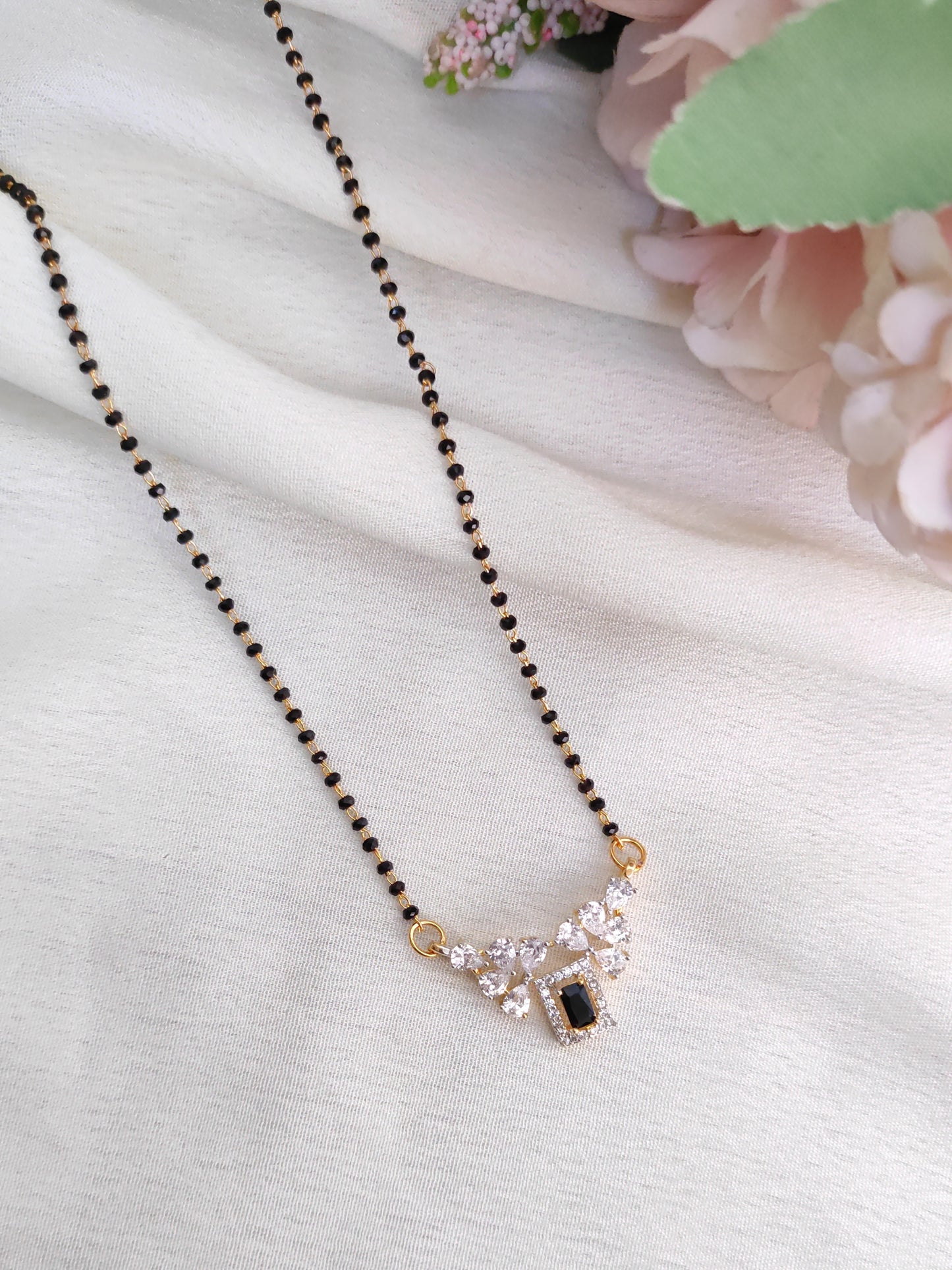 Classic Black Stone AD Pendant Black Bead Chain – Minimal Mangalsutra Style