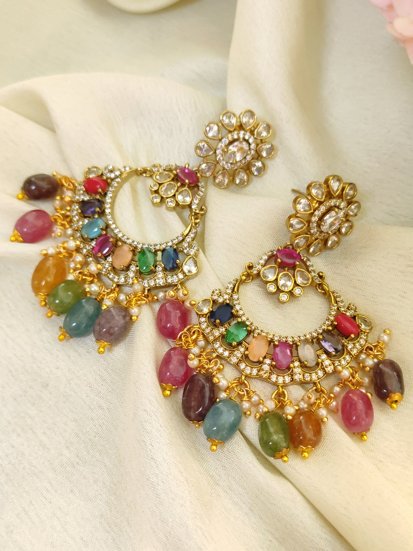 Multicolor Stone Chandbali Earrings with Pearl Drops – Festive Statement Earrings