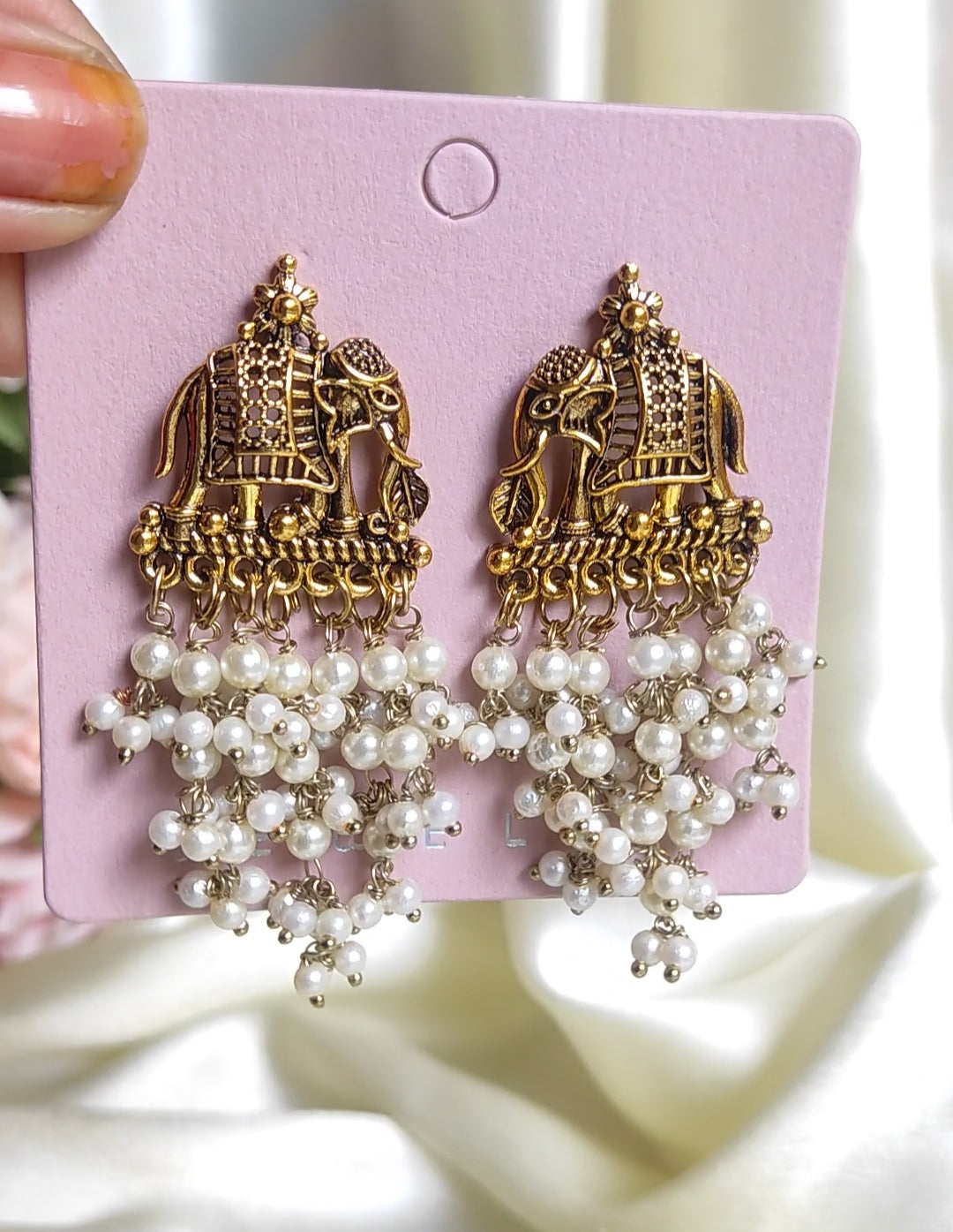 Elegant White Pearl Gold elephant earrings