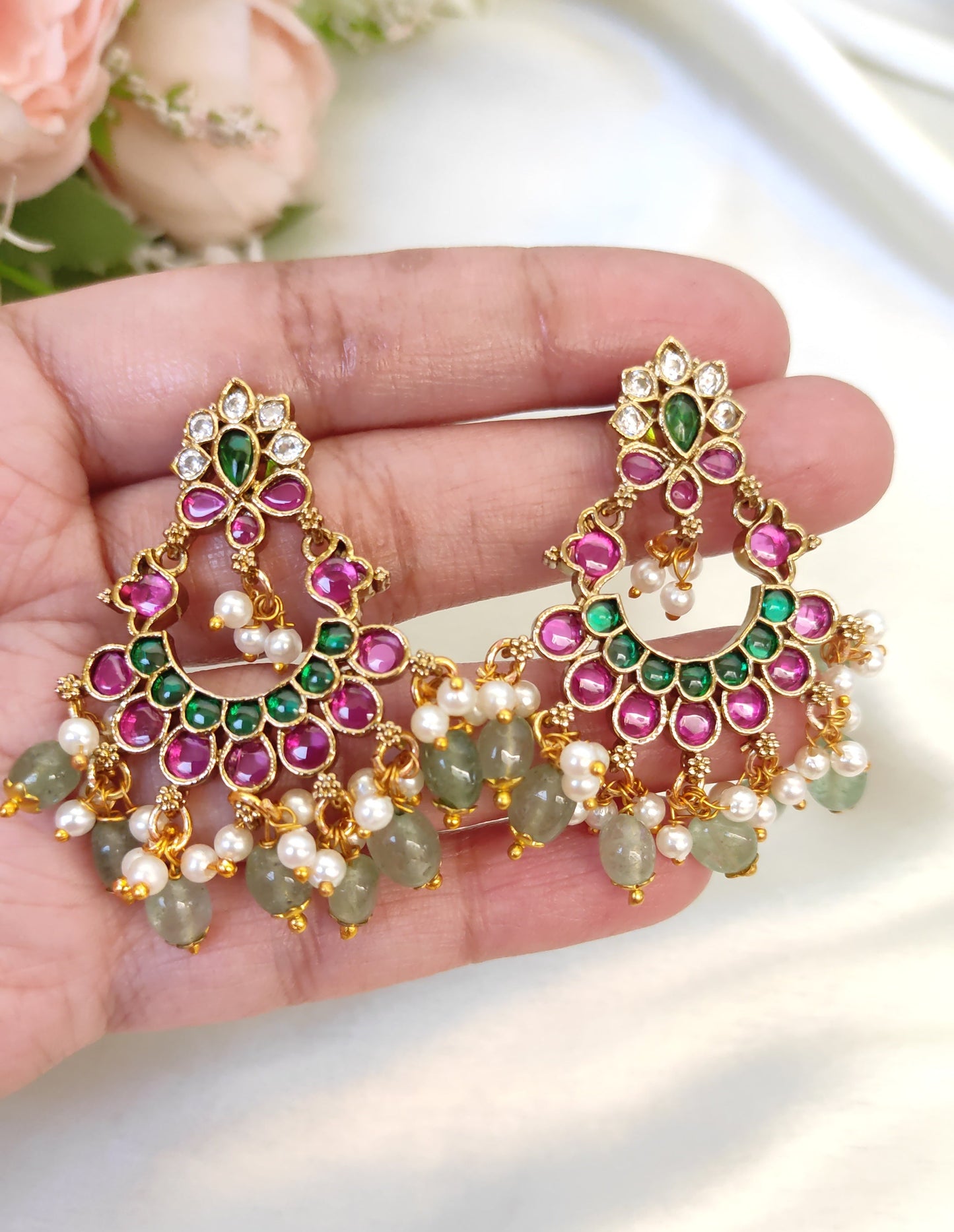 Ruby Green Kundan Chandbali Earrings with Pearls – Traditional Party Wear