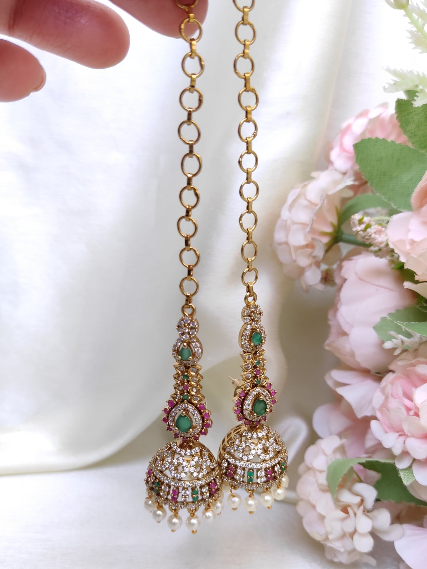 Traditional Emerald Green & Ruby CZ Long Jhumka Earrings with Pearl Drops