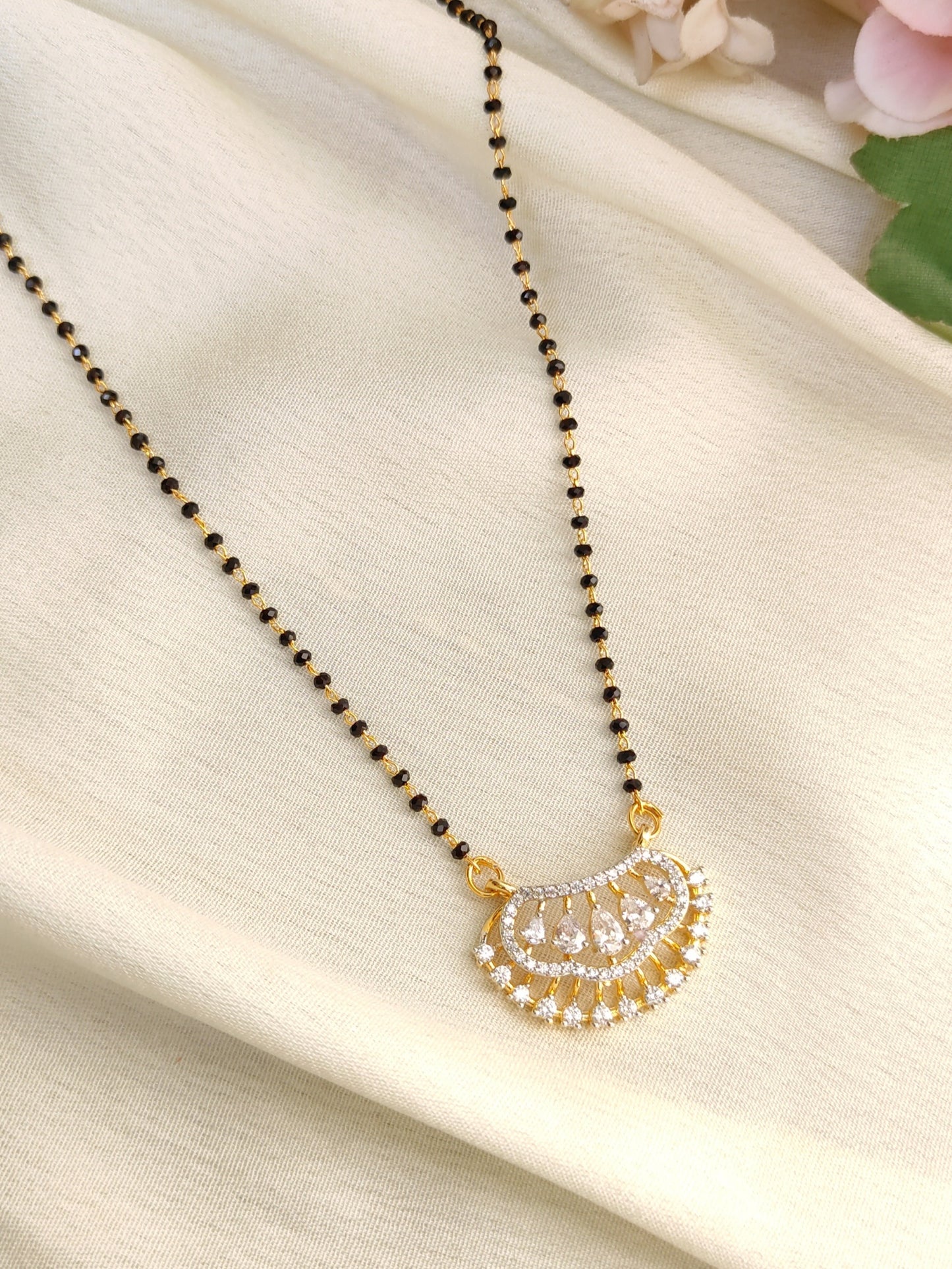 American Diamond Black Bead Chain – Gold Finish