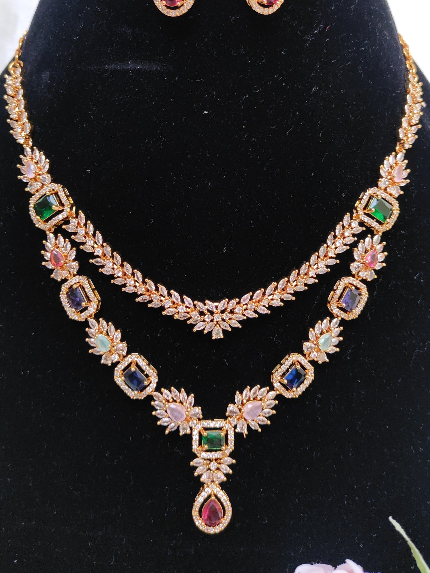 Multicolor Stone Layered Necklace Set – Premium One Gram Gold Finish Festive Wear Jewellery