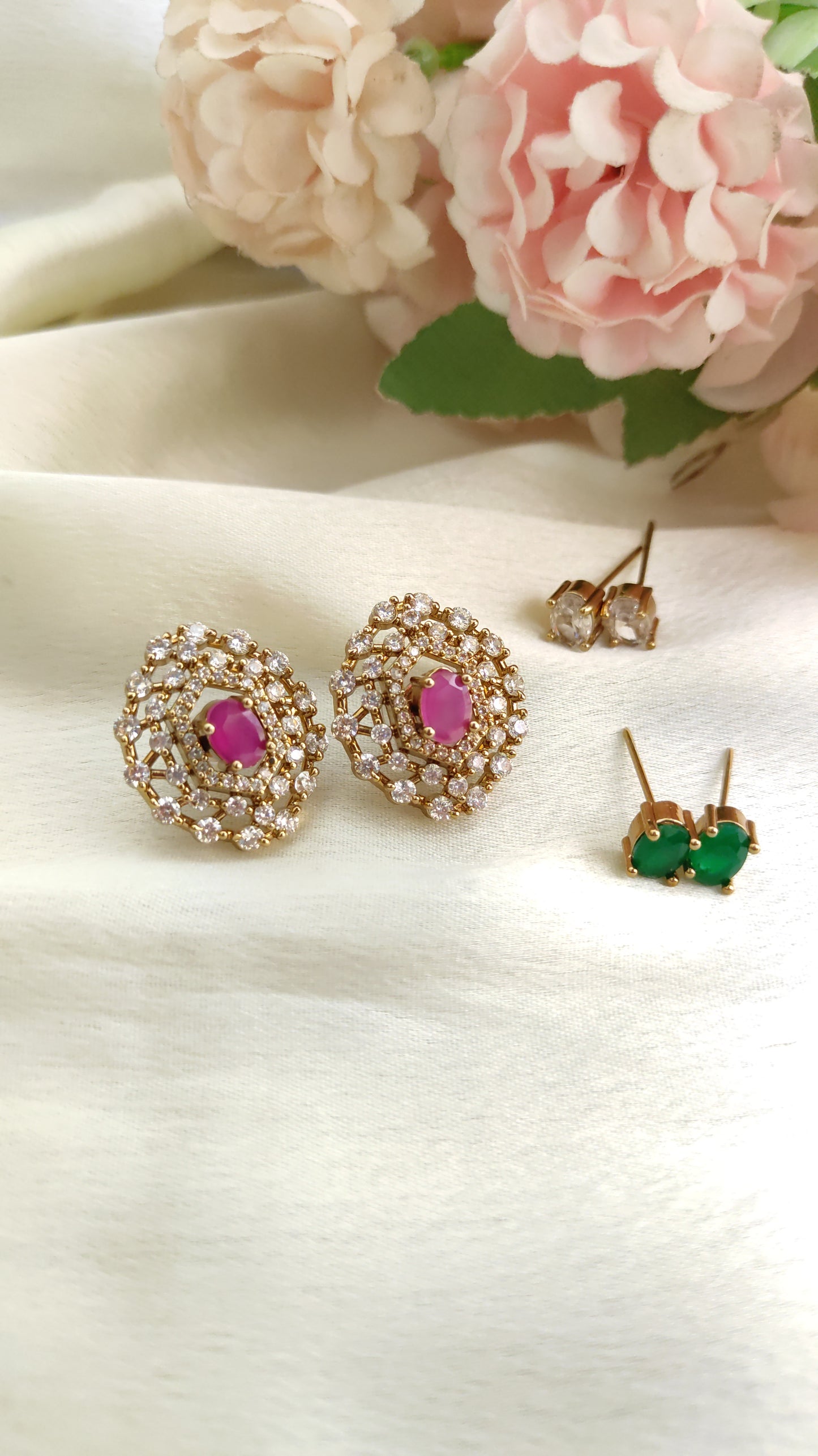 3-in-1 Colour Changeable Stone Stud Earrings – Gold Plated Crystal Daily Wear Studs