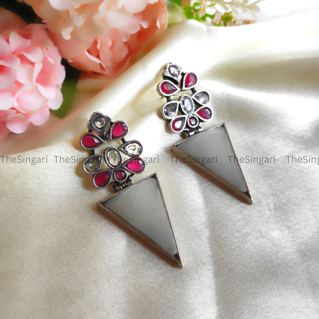 Designer Monalisa Silver Replica Dangler Earrings in Maroon  & White