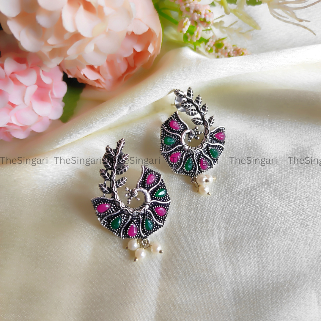 Silver-Plated Pink and Green Peacock Shaped Drop Earrings