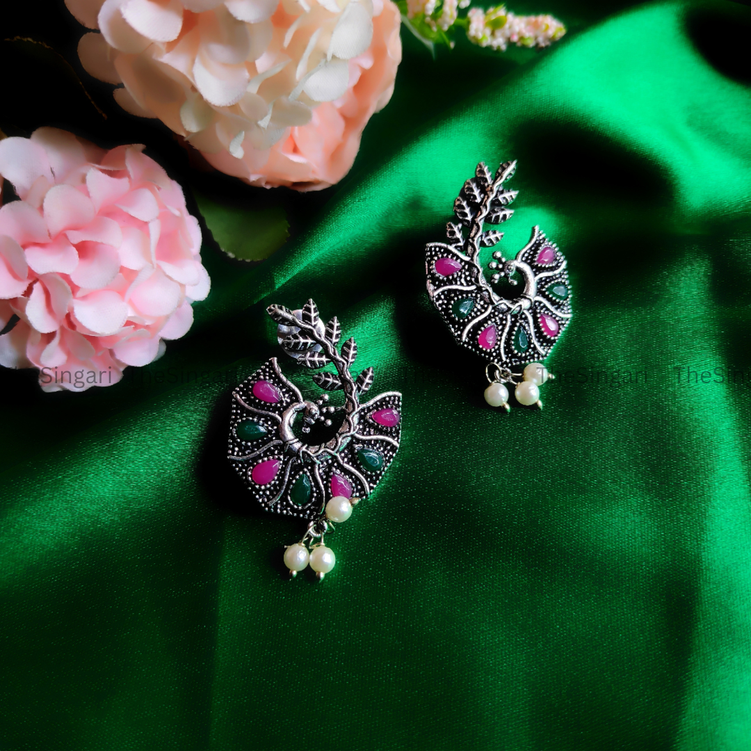 Silver-Plated Pink and Green Peacock Shaped Drop Earrings