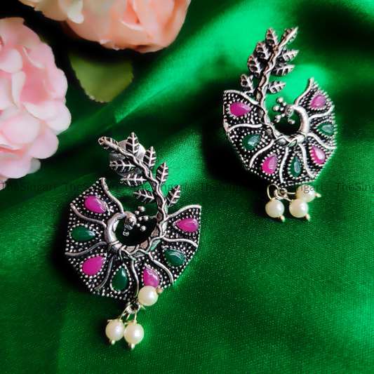 Silver-Plated Pink and Green Peacock Shaped Drop Earrings